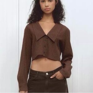Zara Brown Checkered Cropped Blouse